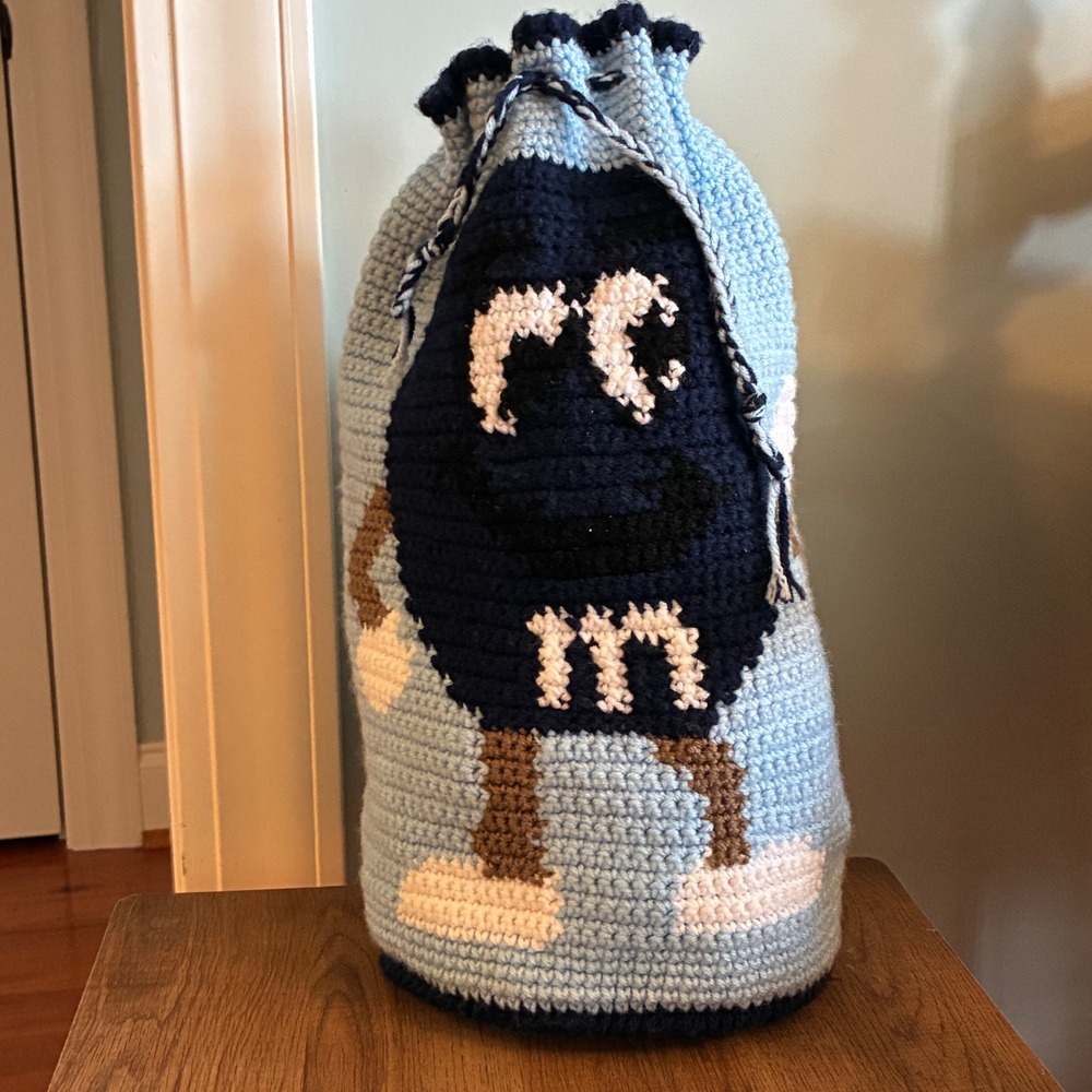 Handmade M&M Crochet Drawstring Bag Blue Kidcore Y2K Backpack Kitschy Retro VTG